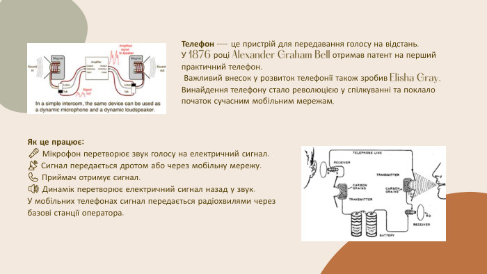 Телефон — це пристрій для передавання голосу на відстань. У 1876 році Alexander Graham Bell отримав патент на перший практичний телефон. Важливий внесок у розвиток телефонії також зробив Elisha Gray. Винайдення телефону стало революцією у спілкуванні та поклало початок сучасним мобільним мережам. Як це працює:🎤 Мікрофон перетворює звук голосу на електричний сигнал.📡 Сигнал передається дротом або через мобільну мережу.📞 Приймач отримує сигнал.🔊 Динамік перетворює електричний сигнал назад у звук. У мобільних телефонах сигнал передається радіохвилями через базові станції оператора.