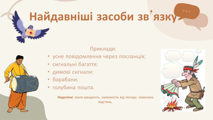 Приклади:усне повідомлення через посланців;сигнальні багаття;димові сигнали;барабани;голубина пошта. Найдавніші засоби зв’язку. Недоліки: мала швидкість, залежність від погоди, невелика відстань.