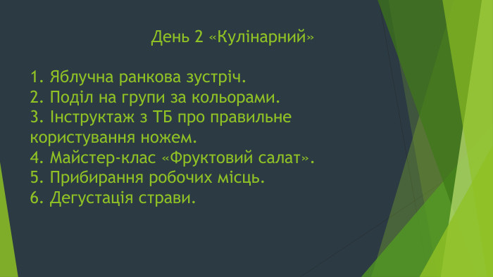  День 2 «Кулінарний»1. Яблучна ранкова зустріч.2. Поділ на групи за кольорами.3. Інструктаж з ТБ про правильне користування ножем.4. Майстер-клас «Фруктовий салат».5. Прибирання робочих місць.6. Дегустація страви.