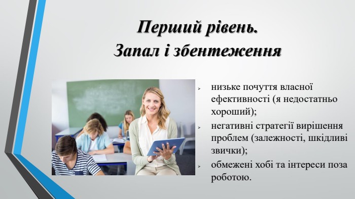 Перший рівень. Запал і збентеженнянизьке почуття власної ефективності (я недостатньо хороший);негативні стратегії вирішення проблем (залежності, шкідливі звички);обмежені хобі та інтереси поза роботою.