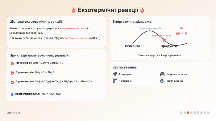 Екзотермічні реакціїЩо таке екзотермічні реакції?Хімічні процеси, що супроводжуються виділенням теплоти в навколишнє середовище. Для таких реакцій зміна ентальпії (ΔH) має від'ємне значення (ΔH < 0). Приклади екзотермічних реакцій: Горіння сірки: S(тв) + O₂(г) = SO₂(г); ΔH < 0 Горіння магнію: 2 Mg + O₂ = 2 Mg. OГоріння метану: CH₄(г) + 2 O₂(г) → CO₂(г) + 2 H₂O(р); ΔH = -890.4 к. Дж. Нейтралізація: Na. OH + HCl = Na. Cl + H₂OЕнергетична діаграма: Енергія продуктів < Енергія реагентів. Застосування: Феєрверки. Подушки безпеки. Нагрівання. Термітні реакціїСторінка 3 з 9