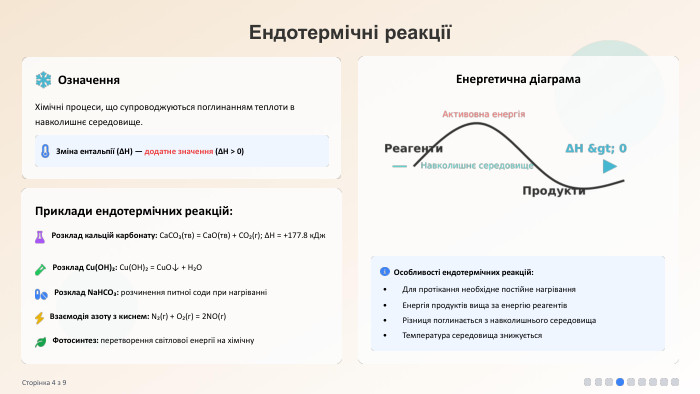 Ендотермічні реакціїОзначення. Хімічні процеси, що супроводжуються поглинанням теплоти в навколишнє середовище. Зміна ентальпії (ΔH) — додатне значення (ΔH > 0)Приклади ендотермічних реакцій: Розклад кальцій карбонату: Ca. CO₃(тв) = Ca. O(тв) + CO₂(г); ΔH = +177.8 к. Дж. Розклад Cu(OH)₂: Cu(OH)₂ = Cu. O↓ + H₂OРозклад Na. HCO₃: розчинення питної соди при нагріванніВзаємодія азоту з киснем: N₂(г) + O₂(г) = 2 NO(г)Фотосинтез: перетворення світлової енергії на хімічну. Енергетична діаграма. Особливості ендотермічних реакцій: Для протікання необхідне постійне нагрівання. Енергія продуктів вища за енергію реагентів. Різниця поглинається з навколишнього середовища. Температура середовища знижується. Сторінка 4 з 9