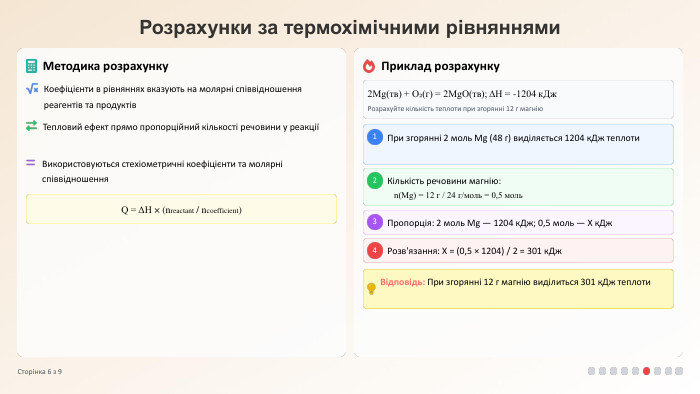 Розрахунки за термохімічними рівняннями. Методика розрахунку. Коефіцієнти в рівняннях вказують на молярні співвідношення реагентів та продуктів. Тепловий ефект прямо пропорційний кількості речовини у реакціїВикористовуються стехіометричні коефіцієнти та молярні співвідношення. Q = ΔH × (nreactant / ncoefficient)Приклад розрахунку2 Mg(тв) + O₂(г) = 2 Mg. O(тв); ΔH = -1204 к. Дж. Розрахуйте кількість теплоти при згорянні 12 г магнію1 При згорянні 2 моль Mg (48 г) виділяється 1204 к. Дж теплоти2 Кількість речовини магнію:n(Mg) = 12 г / 24 г/моль = 0,5 моль3 Пропорція: 2 моль Mg — 1204 к. Дж; 0,5 моль — X к. Дж4 Розв'язання: X = (0,5 × 1204) / 2 = 301 к. Дж. Відповідь: При згорянні 12 г магнію виділиться 301 к. Дж теплоти. Сторінка 6 з 9