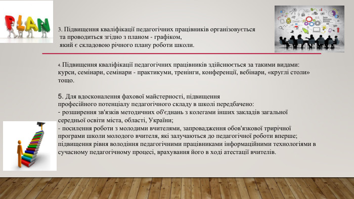 3. Підвищення кваліфікації педагогічних працівників організовується та проводиться згідно з планом - графіком, який є складовою річного плану роботи школи.4. Підвищення кваліфікації педагогічних працівників здійснюється за такими видами: курси, семінари, семінари - практикуми, тренінги, конференції, вебінари, «круглі столи» тощо.5. Для вдосконалення фахової майстерності, підвищенняпрофесійного потенціалу педагогічного складу в школі передбачено:- розширення зв'язків методичних об'єднань з колегами інших закладів загальної середньої освіти міста, області, України;- посилення роботи з молодими вчителями, запровадження обов'язкової трирічної програми школи молодого вчителя, які залучаються до педагогічної роботи вперше;підвищення рівня володіння педагогічними працівниками інформаційними технологіями в сучасному педагогічному процесі, врахування його в ході атестації вчителів.
