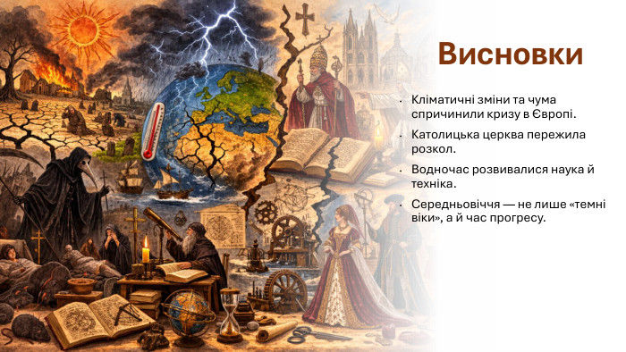 Висновки. Кліматичні зміни та чума спричинили кризу в Європі. Католицька церква пережила розкол. Водночас розвивалися наука й техніка. Середньовіччя — не лише «темні віки», а й час прогресу.