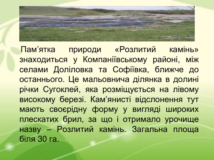     Пам’ятка природи «Розлитий камінь» знаходиться у Компаніївському районі, між селами Доліловка та Софіївка, ближче до останнього. Це мальовнича ділянка в долині річки Сугоклей, яка розміщується на лівому високому березі. Кам’янисті відслонення тут мають своєрідну форму у вигляді широких плескатих брил, за що і отримало урочище назву – Розлитий камінь. Загальна площа біля 30 га. 