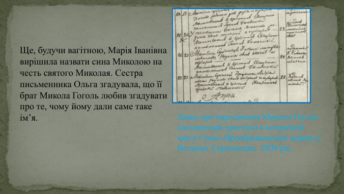 Ще, будучи вагітною, Марія Іванівна вирішила назвати сина Миколою на честь святого Миколая. Сестра письменника Ольга згадувала, що її брат Микола Гоголь любив згадувати про те, чому йому дали саме таке ім’я. Запис про народження Миколи Гоголя (позначений хрестом) в метричній книзі Спасо-Преображенської церкви у Великих Сорочинцях. 1809 рік. 