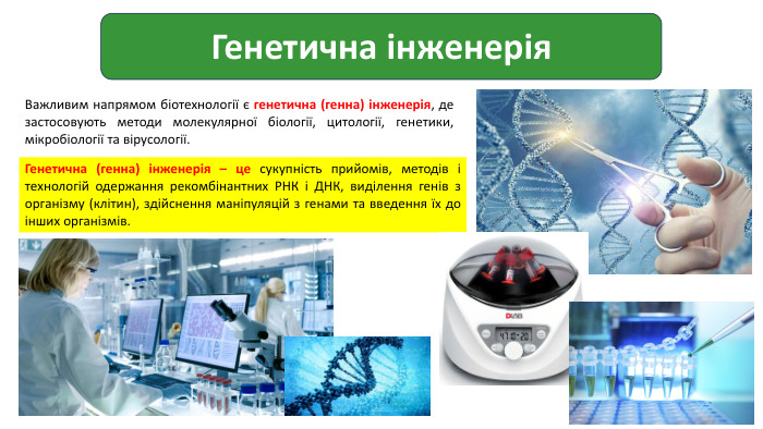 Генетична інженерія. Важливим напрямом біотехнології є генетична (генна) інженерія, де застосовують методи молекулярної біології, цитології, генетики, мікробіології та вірусології. Генетична (генна) інженерія – це сукупність прийомів, методів і технологій одержання рекомбінантних РНК і ДНК, виділення генів з організму (клітин), здійснення маніпуляцій з генами та введення їх до інших організмів.