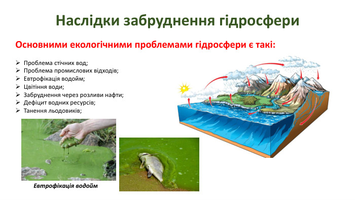 Наслідки забруднення гідросфери. Основними екологічними проблемами гідросфери є такі: Проблема стічних вод;Проблема промислових відходів;Евтрофікація водойм;Цвітіння води;Забруднення через розливи нафти;Дефіцит водних ресурсів;Танення льодовиків;Евтрофікація водойм