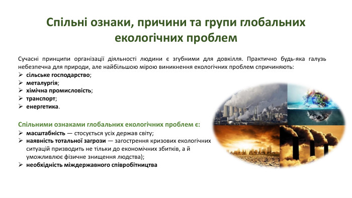 Спільні ознаки, причини та групи глобальних екологічних проблем. Сучасні принципи організації діяльності людини є згубними для довкілля. Практично будь-яка галузь небезпечна для природи, але найбільшою мірою виникнення екологічних проблем спричиняють:сільське господарство;металургія;хімічна промисловість;транспорт;енергетика. Спільними ознаками глобальних екологічних проблем є:масштабність — стосується усіх держав світу;наявність тотальної загрози — загострення кризових екологічних ситуацій призводить не тільки до економічних збитків, а й уможливлює фізичне знищення людства);необхідність міждержавного співробітництва
