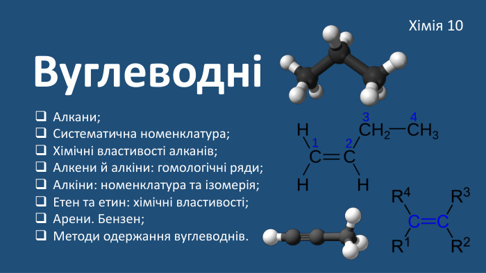 ВуглеводніАлкани;Систематична номенклатура;Хімічні властивості алканів;Алкени й алкіни: гомологічні ряди;Алкіни: номенклатура та ізомерія;Етен та етин: хімічні властивості;Арени. Бензен;Методи одержання вуглеводнів. Хімія 10