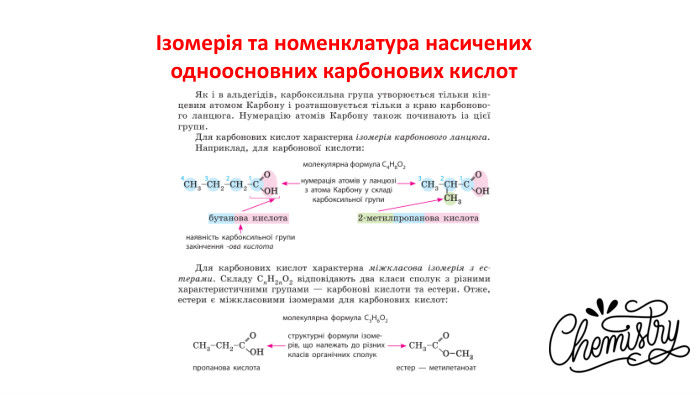 Ізомерія та номенклатура насичених одноосновних карбонових кислот