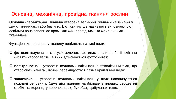 Основна, механічна, провідна тканини рослин. Основна (паренхімна) тканина утворена великими живими клітинами з міжклітинниками або без них. Цю тканину ще називають виповнюючою, оскільки вона заповнює проміжки між провідними та механічними тканинами. Функціонально основну тканину поділяють на такі види:фотосинтезуюча — є в усіх зелених частинах рослини, бо її клітини містять хлоропласти, в яких здійснюється фотосинтез;повітроносна — утворена великими клітинами з міжклітинниками, що створюють канали, якими переміщуються гази і краплинна вода;запасаюча — утворена великими клітинами у яких накопичуються поживні речовини. Саме цієї тканини найбільше в плодах, серцевині стебла та кореня, у кореневищах, бульбах, цибулинах тощо.