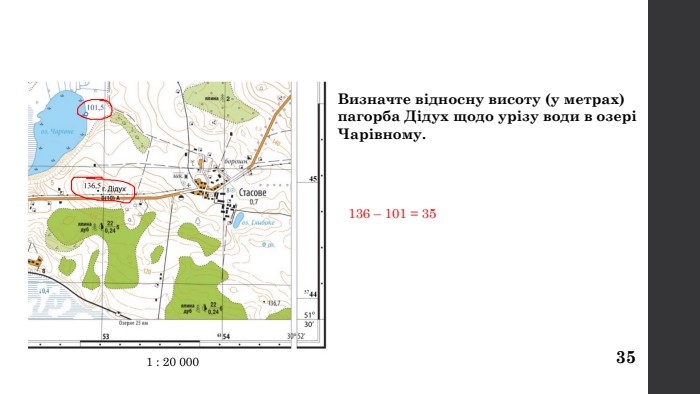 Визначте відносну висоту (у метрах) пагорба Дідух щодо урізу води в озері Чарівному.35136 – 101 = 35