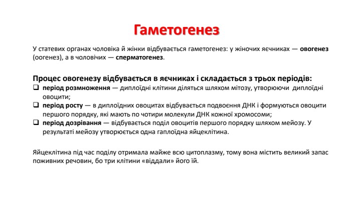 Гаметогенез. У статевих органах чоловіка й жінки відбувається гаметогенез: у жіночих яєчниках — овогенез (оогенез), а в чоловічих — сперматогенез. Процес овогенезу відбувається в яєчниках і складається з трьох періодів:період розмноження — диплоїдні клітини діляться шляхом мітозу, утворюючи диплоїдні овоцити;період росту — в диплоїдних овоцитах відбувається подвоєння ДНК і формуються овоцити першого порядку, які мають по чотири молекули ДНК кожної хромосоми;період дозрівання — відбувається поділ овоцитів першого порядку шляхом мейозу. У результаті мейозу утворюється одна гаплоїдна яйцеклітина. Яйцеклітина під час поділу отримала майже всю цитоплазму, тому вона містить великий запас поживних речовин, бо три клітини «віддали» його їй. 