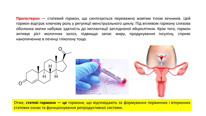 Прогестерон — статевий гормон, що синтезується переважно жовтим тілом яєчників. Цей гормон відіграє ключову роль у регуляції менструального циклу. Під впливом гормону слизова оболонка матки набуває здатність до імплантації заплідненої яйцеклітини. Крім того, гормон активує ріст молочних залоз, підвищує запас жиру, продукування інсуліну, сприяє накопиченню в печінці глікогену тощо. Отже, статеві гормони — це гормони, що відповідають за формування первинних і вторинних статевих ознак та функціонування репродуктивної системи.