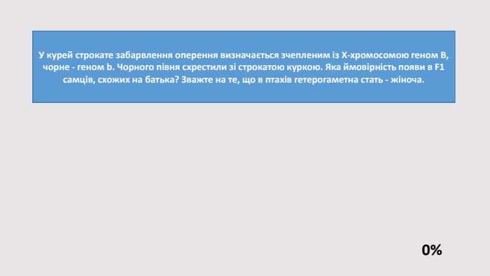 У курей строкате забарвлення оперення визначається зчепленим із Х-хромосомою геном В, чорне - геном b. Чорного півня схрестили зі строкатою куркою. Яка ймовірність появи в F1 самців, схожих на батька? Зважте на те, що в птахів гетерогаметна стать - жіноча.0%