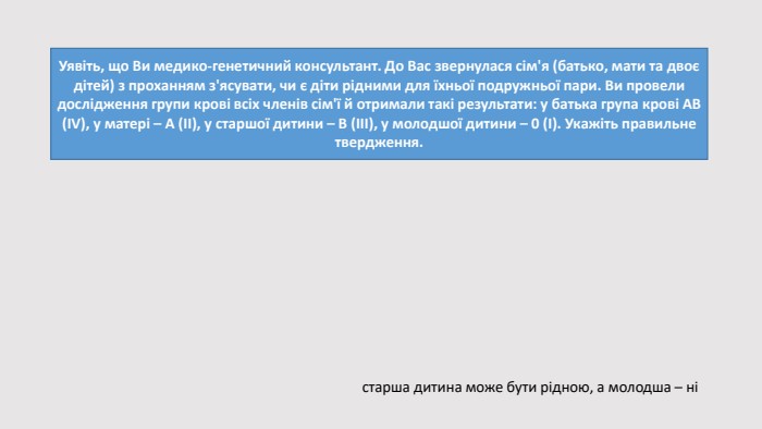 Уявіть, що Ви медико-генетичний консультант. До Вас звернулася сім'я (батько, мати та двоє дітей) з проханням з'ясувати, чи є діти рідними для їхньої подружньої пари. Ви провели дослідження групи крові всіх членів сім'ї й отримали такі результати: у батька група крові АВ (IV), у матері – А (ІІ), у старшої дитини – В (ІІІ), у молодшої дитини – 0 (І). Укажіть правильне твердження.старша дитина може бути рідною, а молодша – ні