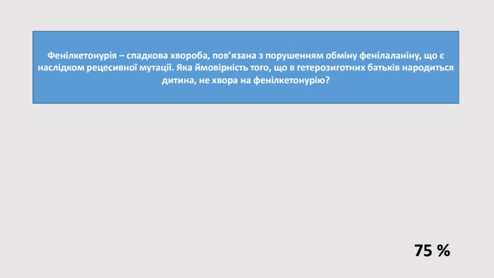 Фенілкетонурія – спадкова хвороба, пов’язана з порушенням обміну фенілаланіну, що є наслідком рецесивної мутації. Яка ймовірність того, що в гетерозиготних батьків народиться дитина, не хвора на фенілкетонурію?75 %
