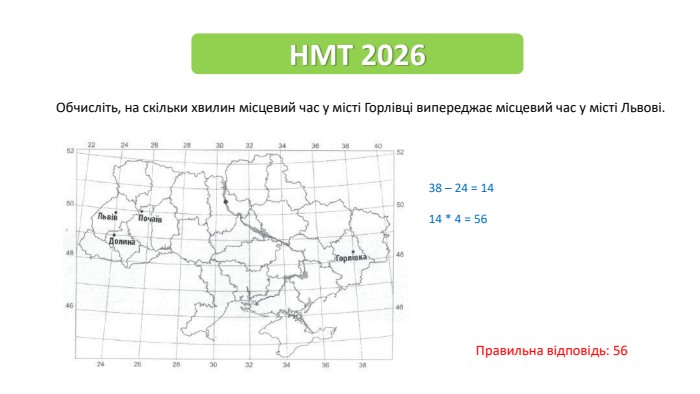 НМТ 2026 Обчисліть, на скільки хвилин місцевий час у місті Горлівці випереджає місцевий час у місті Львові. Правильна відповідь: 5638 – 24 = 1414 * 4 = 56