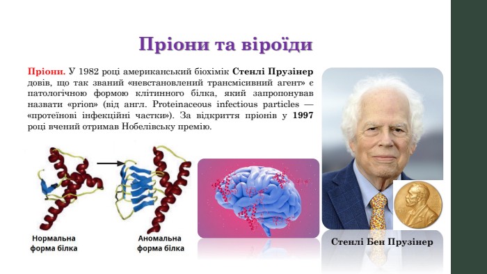 Пріони та віроїди. Пріони. У 1982 році американський біохімік Стенлі Прузінер довів, що так званий «невстановлений трансмісивний агент» є патологічною формою клітинного білка, який запропонував назвати «prion» (від англ. Proteinaceous infectious particles — «протеїнові інфекційні частки»). За відкриття пріонів у 1997 році вчений отримав Нобелівську премію. Стенлі Бен Прузінер