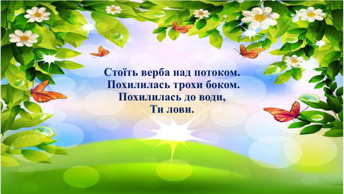 Стоїть верба над потоком. Похилилась трохи боком. Похилилась до води, Ти лови.