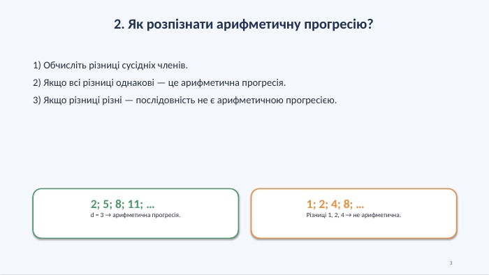 2. Як розпізнати арифметичну прогресію?1) Обчисліть різниці сусідніх членів.2) Якщо всі різниці однакові — це арифметична прогресія.3) Якщо різниці різні — послідовність не є арифметичною прогресією.2; 5; 8; 11; …d = 3 → арифметична прогресія.1; 2; 4; 8; …Різниці 1, 2, 4 → не арифметична.3