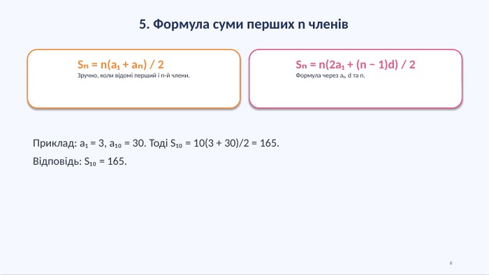 5. Формула суми перших n членів. Sₙ = n(a₁ + aₙ) / 2 Зручно, коли відомі перший і n-й члени. Sₙ = n(2a₁ + (n − 1)d) / 2 Формула через a₁, d та n. Приклад: a₁ = 3, a₁₀ = 30. Тоді S₁₀ = 10(3 + 30)/2 = 165. Відповідь: S₁₀ = 165.6