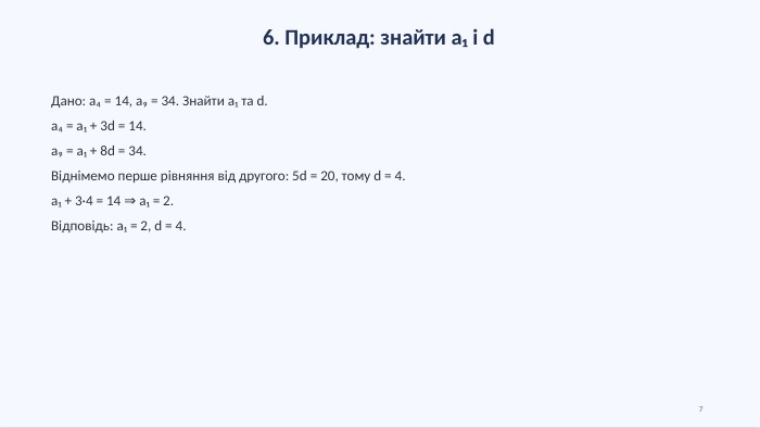 6. Приклад: знайти a₁ і d. Дано: a₄ = 14, a₉ = 34. Знайти a₁ та d.a₄ = a₁ + 3d = 14.a₉ = a₁ + 8d = 34. Віднімемо перше рівняння від другого: 5d = 20, тому d = 4.a₁ + 3·4 = 14 ⇒ a₁ = 2. Відповідь: a₁ = 2, d = 4.7