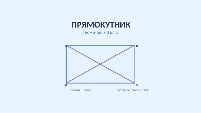 ПРЯМОКУТНИКГеометрія • 8 клас. ABCDусі кути — пряміпротилежні сторони рівні