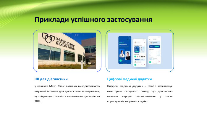 Приклади успішного застосування. ШІ для діагностикиу клініках Mayo Clinic активно використовують штучний інтелект для діагностики захворювань, що підвищило точність визначення діагнозів на 30%. Цифрові медичні додатки. Цифрові медичні додатки – Health забезпечує моніторинг серцевого ритму, що допомогло виявити серцеві захворювання у тисяч користувачів на ранніх стадіях.