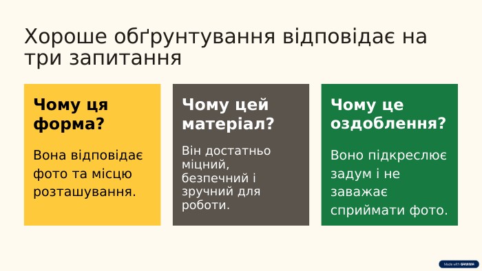 Хороше обґрунтування відповідає на три запитання. Чому ця форма?Вона відповідає фото та місцю розташування. Чому цей матеріал?Він достатньо міцний, безпечний і зручний для роботи. Чому це оздоблення?Воно підкреслює задум і не заважає сприймати фото.