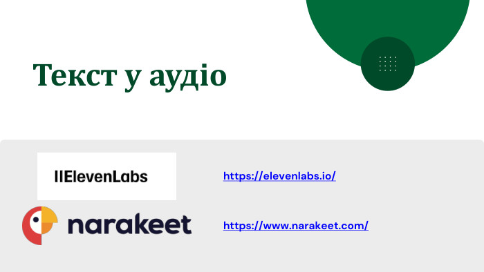 Текст у аудіоhttps://elevenlabs.io/ https://www.narakeet.com/