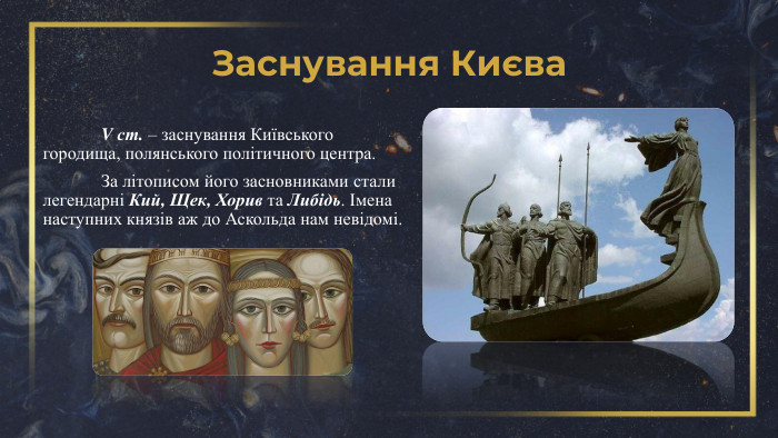 Заснування Києва V ст. – заснування Київського городища, полянського політичного центра. За літописом його засновниками стали легендарні Кий, Щек, Хорив та Либідь. Імена наступних князів аж до Аскольда нам невідомі. 