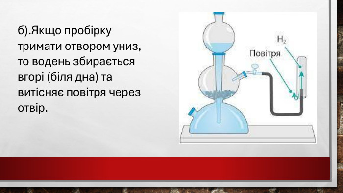 б). Якщо пробірку тримати отвором униз, то водень збирається вгорі (біля дна) та витісняє повітря через отвір.
