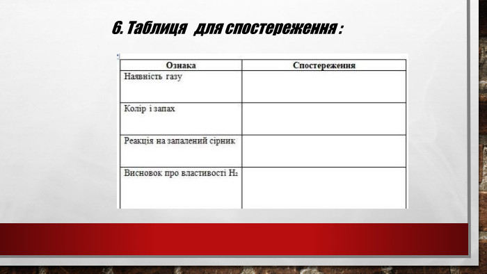 6. Таблиця для спостереження :