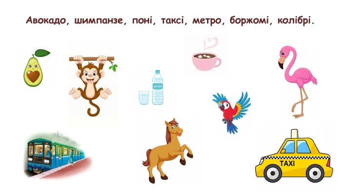 Авокадо, шимпанзе, поні, таксі, метро, боржомі, колібрі.