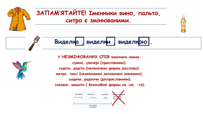Виделка , виделки , виделкою . У НЕЗМІНЮВАНИХ СЛІВ закінчень немає: сумно, увечері (прислівники); сидіти, радіти (неозначена форма дієслова); метро, таксі (незмінювані запозичені іменники); сидячи, радіючи (дієприслівники);сказано, вишито ( безособові форми на –но, -то). ЗАПАМ’ЯТАЙТЕ! Іменники вино, пальто, ситро є змінюваними.
