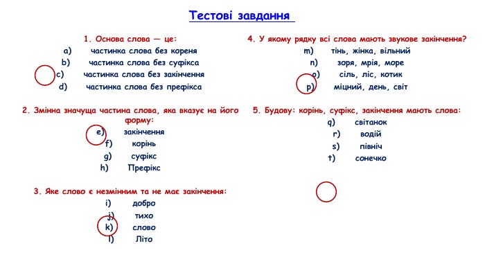 Тестові завдання 1. Основа слова — це:частинка слова без коренячастинка слова без суфіксачастинка слова без закінченнячастинка слова без префікса2. Змінна значуща частина слова, яка вказує на його форму:закінченнякоріньсуфікс. Префікс3. Яке слово є незмінним та не має закінчення:добротихослово. Літо4. У якому рядку всі слова мають звукове закінчення?тінь, жінка, вільнийзоря, мрія, моресіль, ліс, котикміцний, день, світ5. Будову: корінь, суфікс, закінчення мають слова:світанокводійпівнічсонечко