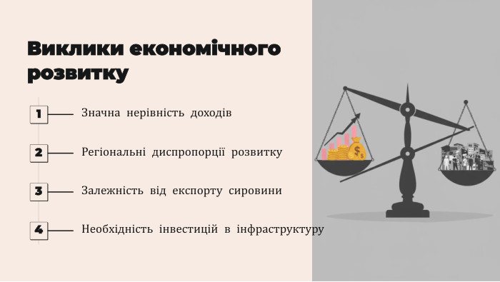 Виклики економічного розвитку1 Значна нерівність доходів2 Регіональні диспропорції розвитку3 Залежність від експорту сировини4 Необхідність інвестицій в інфраструктуру