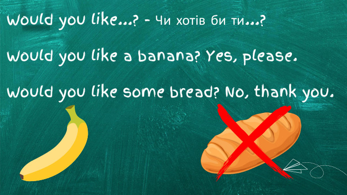 Would you like...? - Чи хотів би ти...?Would you like a banana? Yes, please. Would you like some bread? No, thank you.