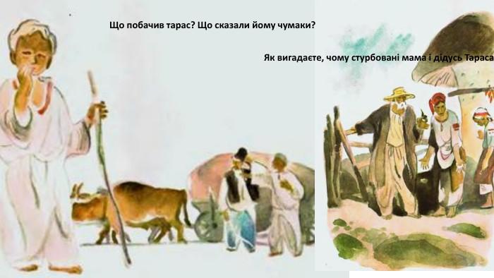 Що побачив тарас? Що сказали йому чумаки?Як вигадаєте, чому стурбовані мама і дідусь Тараса? 