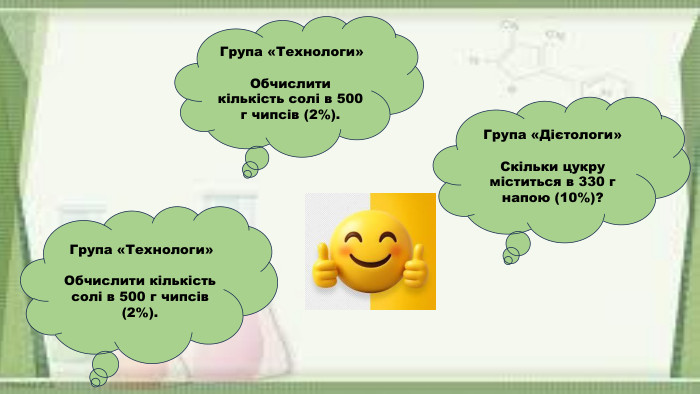  Група «Технологи»Обчислити кількість солі в 500 г чипсів (2%). Група «Технологи»Обчислити кількість солі в 500 г чипсів (2%). Група «Дієтологи»Скільки цукру міститься в 330 г напою (10%)?