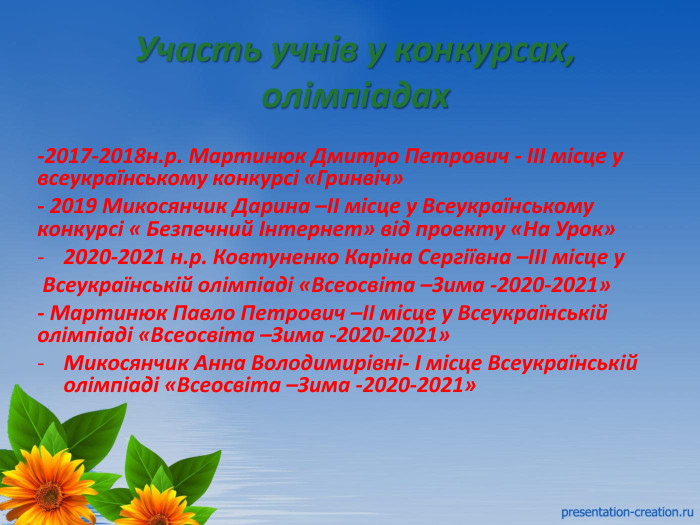 -2017-2018н.р. Мартинюк Дмитро Петрович - ІІІ місце у всеукраїнському конкурсі «Гринвіч»- 2019 Микосянчик Дарина –ІІ місце у Всеукраїнському конкурсі « Безпечний Інтернет» від проекту «На Урок»2020-2021 н.р. Ковтуненко Каріна Сергіївна –ІІІ місце у Всеукраїнській олімпіаді «Всеосвіта –Зима -2020-2021»- Мартинюк Павло Петрович –ІІ місце у Всеукраїнській олімпіаді «Всеосвіта –Зима -2020-2021»Микосянчик Анна Володимирівні- І місце Всеукраїнській олімпіаді «Всеосвіта –Зима -2020-2021»Участь учнів у конкурсах, олімпіадах