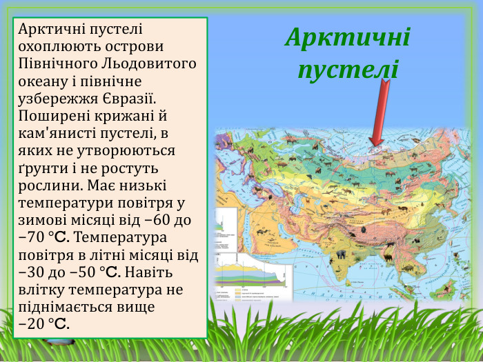 Арктичні пустеліАрктичні пустелі охоплюють острови Північного Льодовитого океану і північне узбережжя Євразії. Поширені крижані й кам'янисті пустелі, в яких не утворюються ґрунти і не ростуть рослини. Має низькі температури повітря у зимові місяці від −60 до −70 °C. Температура повітря в літні місяці від −30 до −50 °C. Навіть влітку температура не піднімається вище −20 °C. 