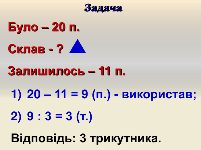 Задача. Було – 20 п. Склав - ? Залишилось – 11 п.20 – 11 = 9 (п.) - використав;9 : 3 = 3 (т.) Відповідь: 3 трикутника.