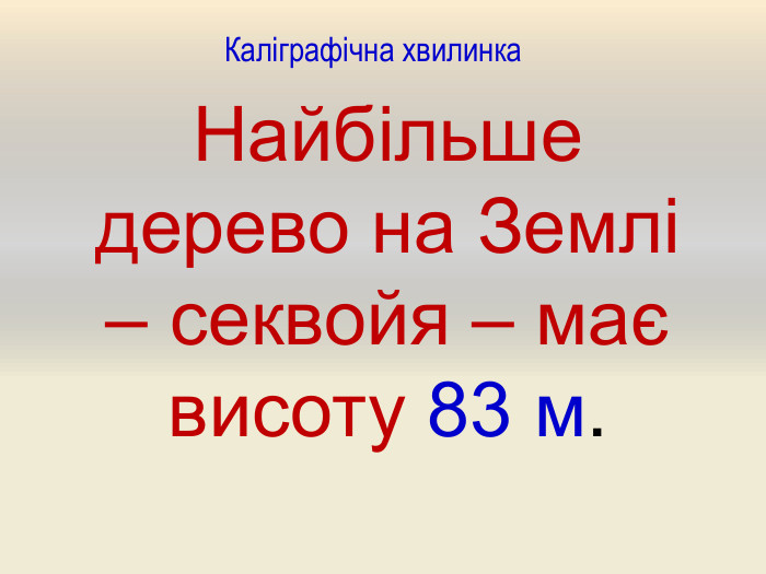 Каліграфічна хвилинка. Найбільше дерево на Землі – секвойя – має висоту 83 м.
