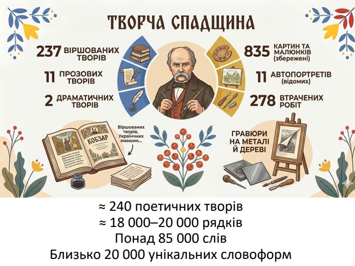 ≈ 240 поетичних творів≈ 18 000–20 000 рядків. Понад 85 000 слів. Близько 20 000 унікальних словоформ