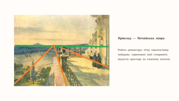Приклад — Почаївська лавра. Робота демонструє чітку перспективну побудову: спрямовані лінії створюють відчуття простору на пласкому полотні.