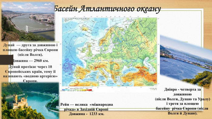 Басейн Атлантичного океану. Дунай  — друга за довжиною і площею басейну річка Європи (після Волги). Довжина — 2960 км. Дунай протікає через 10 Європейських країн, тому її називають «водною артерією» Європи. Рейн — велика  «міжнародна річка» в Західній Європі Довжина - 1233 км. Дніпро - четверта за довжиною (після Волги, Дунаю та Уралу) і третя за площею басейну  річка Європи (після Волги й Дунаю).